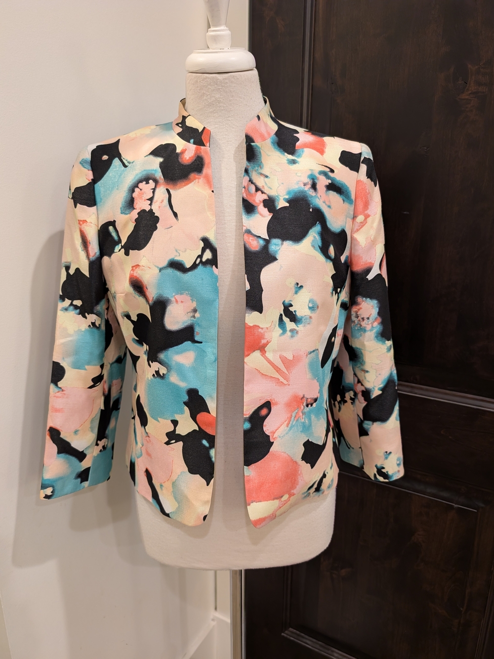 Kasper Watercolor Print 3/4 Sleeve Open-Front Blazer